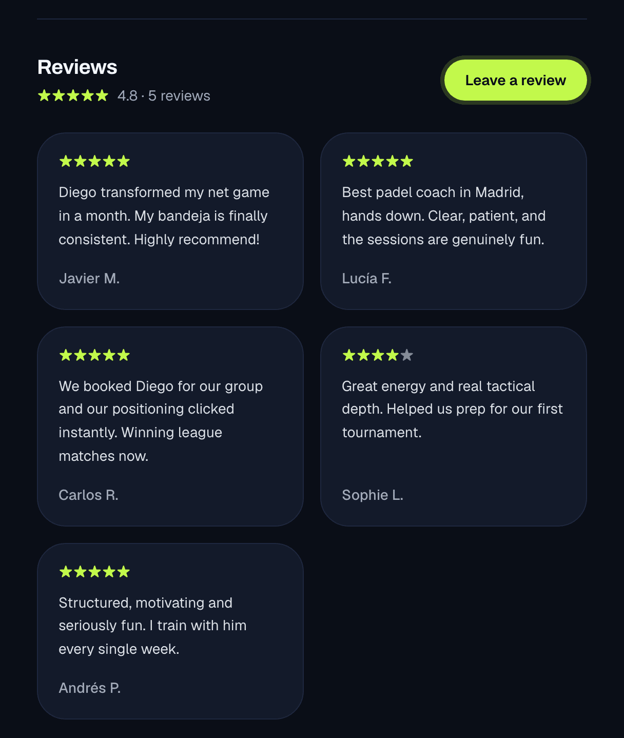 Reviews section with star ratings and a leave a review button